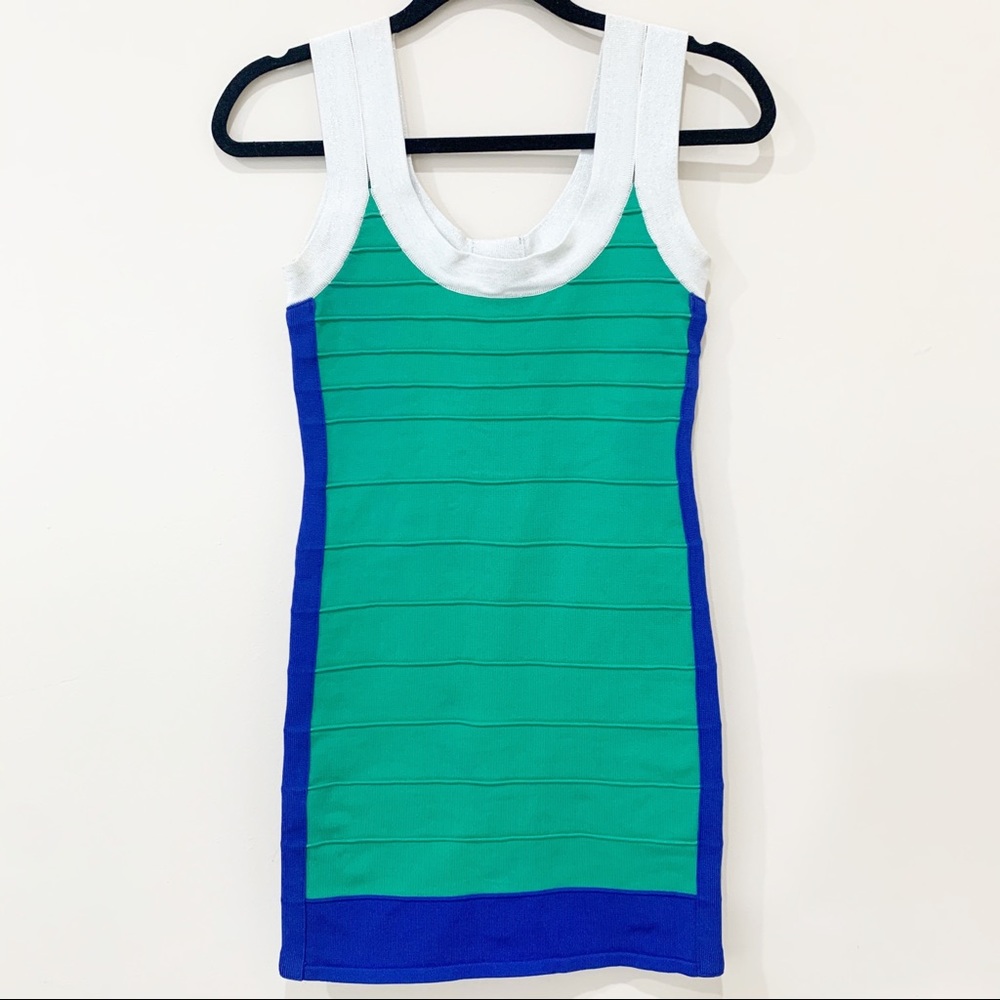 HOT MIAMI STYLES GREEN BLUE & WHITE BANDAGE DRESS